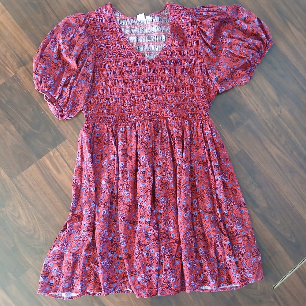 Red Smocked Floral Dress
